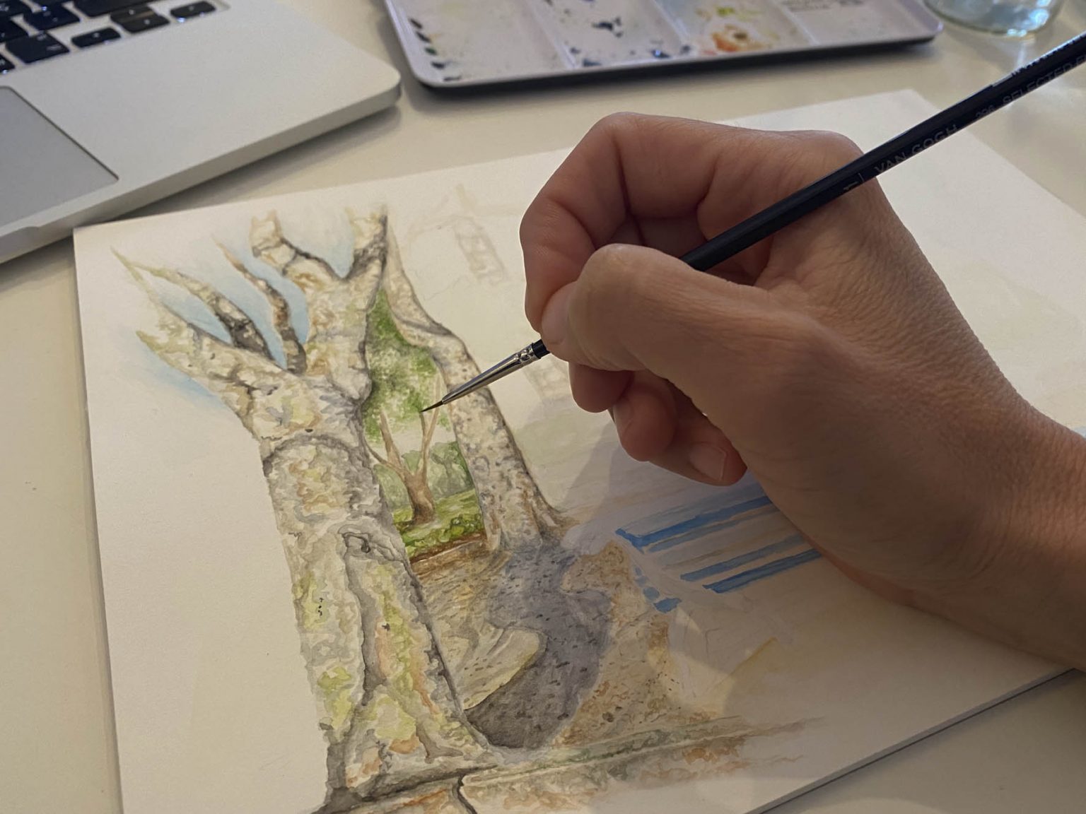 Painting the Largo da Assunção trees. Initial sketches were taken on location and then painting happened in studio.