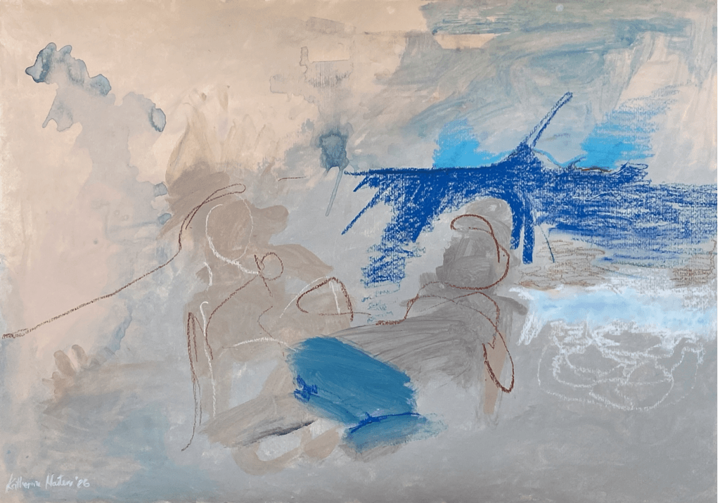 An acrylic and oil pastel painting titled 'Her Favourite Place' by contemporary English Portuguese artist Katherine Masters.