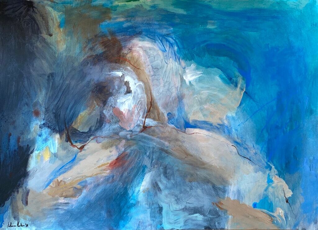 An acrylic and oil pastel painting called 'The Hug' by contemporary English Portuguese artist Katherine Masters.