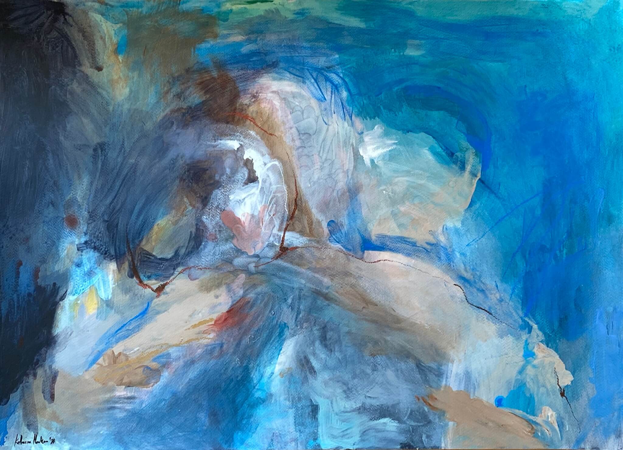 An acrylic and oil pastel painting called 'The Hug' by contemporary English Portuguese artist Katherine Masters.